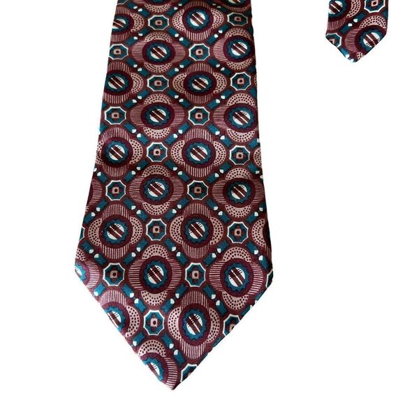 Vintage Halston III Silk Tie Art Deco Style Burgundy + Teal - Picture 1 of 4